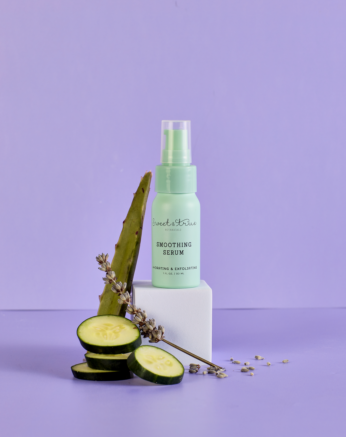 Smoothing Serum surrounded by botanical ingredients