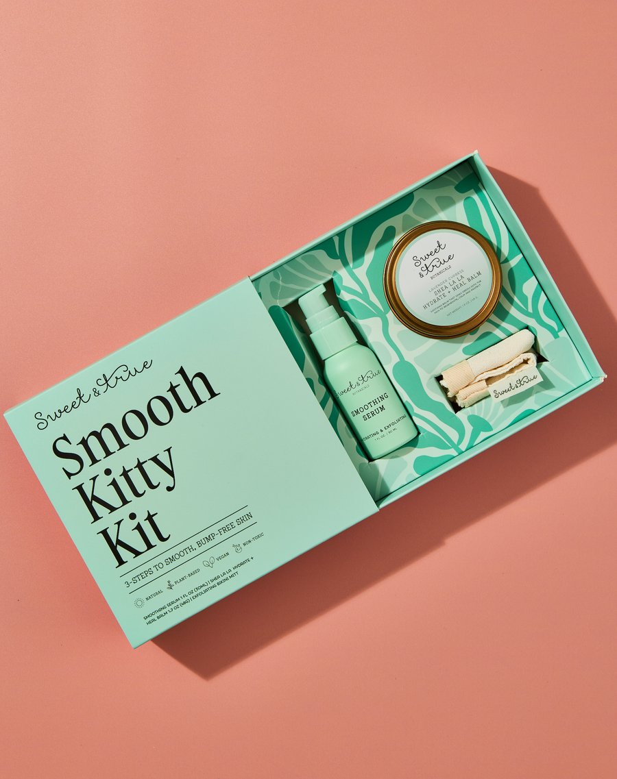 Open Smooth Kitty Kit with mitt, Smoothing Serum and Lavender Cypress Balm